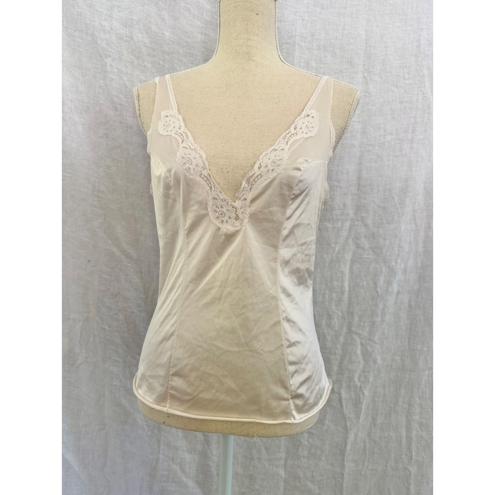 Vassarette Camisole Women Cream Lace Trim V-Neck Vintage 34 XS Small